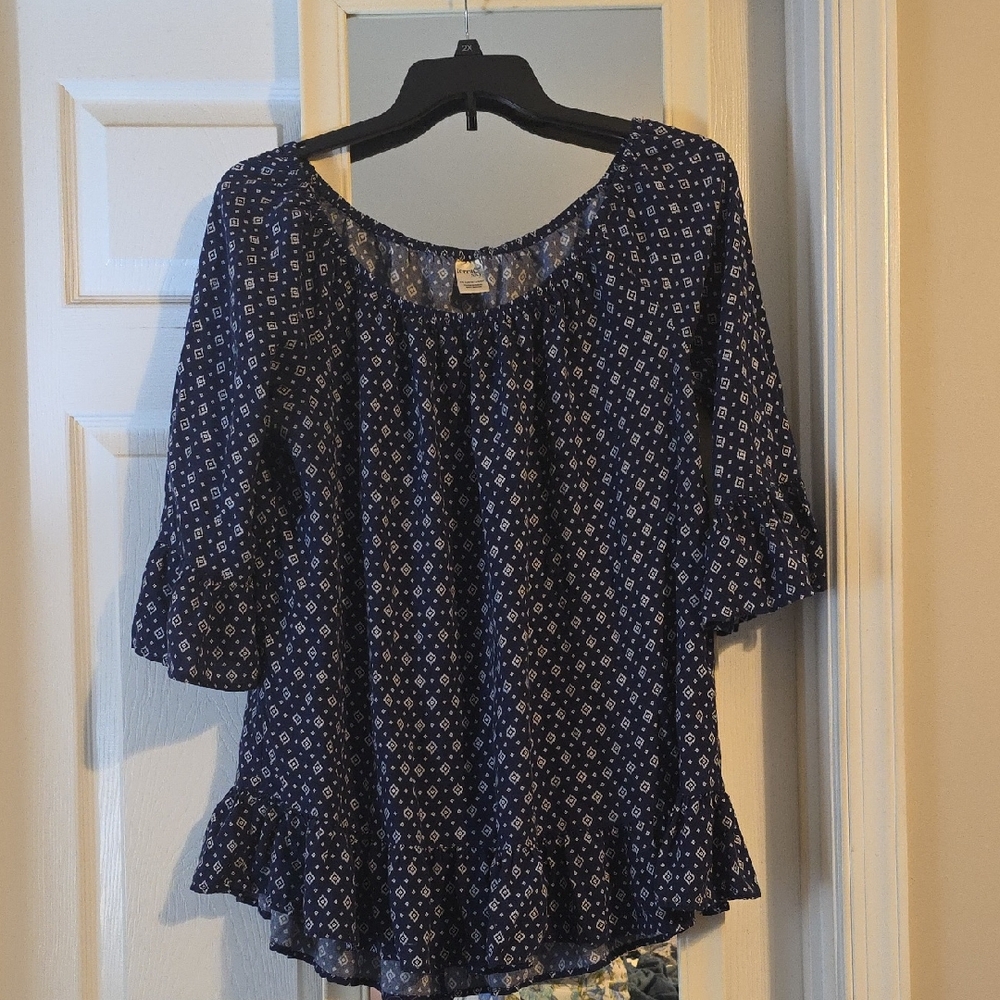 Terra & Sky Navy Blue Patterned Peasant Blouse